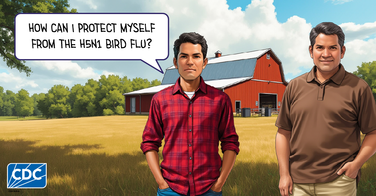 Two men in front of a barn, one is asking "how can I protect myself from the H5N1 bird flu?"