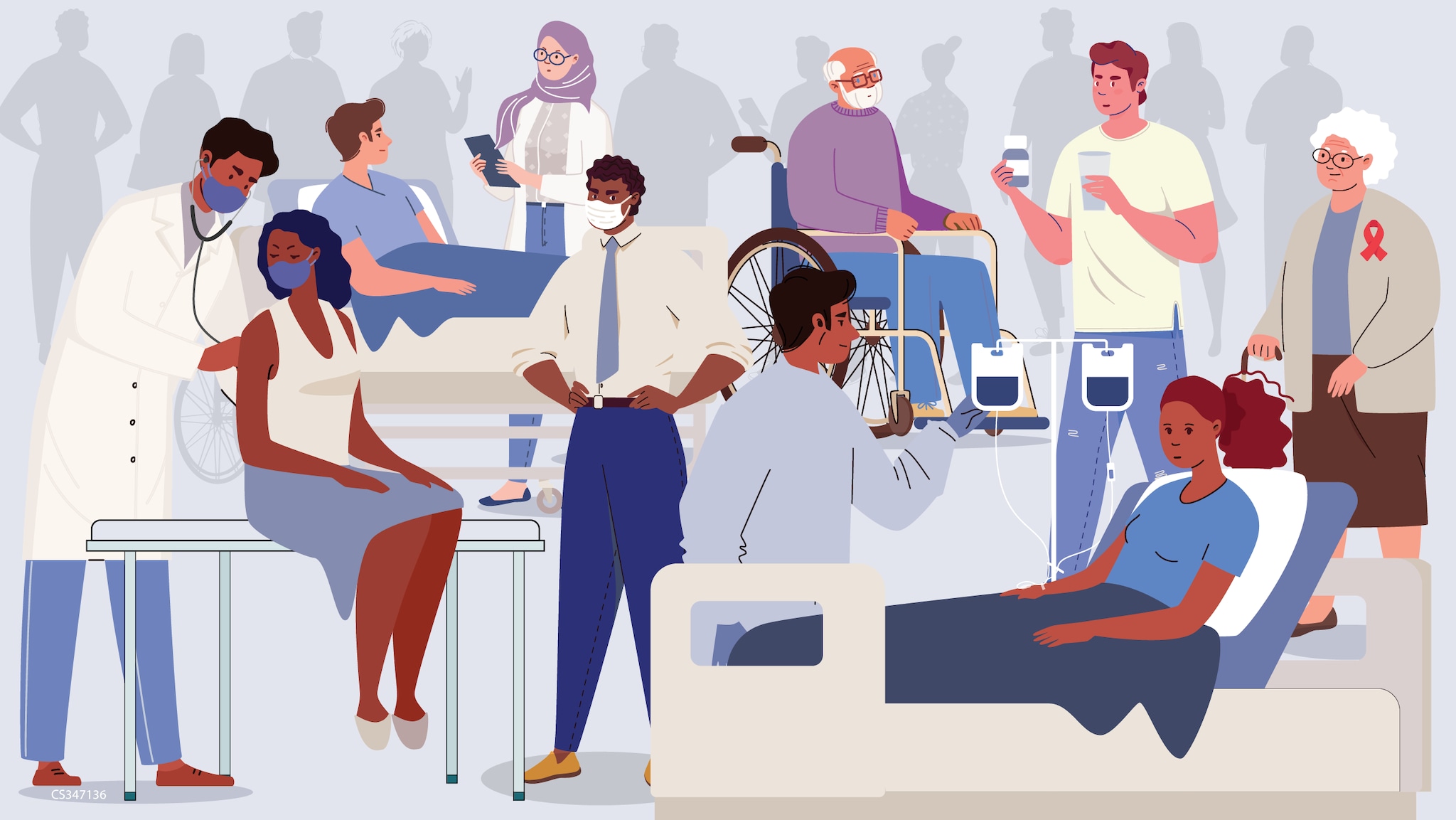 a collage of illustrations of patients and people with medical conditions