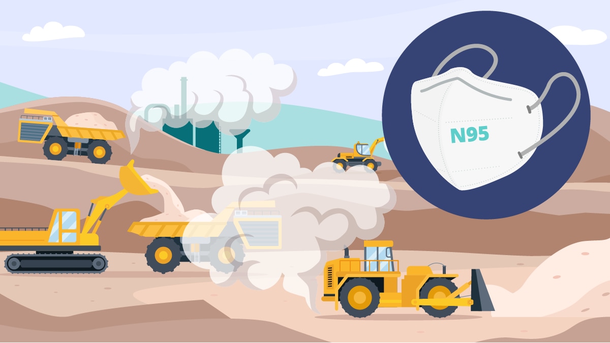 Graphic illustration of a dusty construction site with an overlay circle showing an N-95 mask.