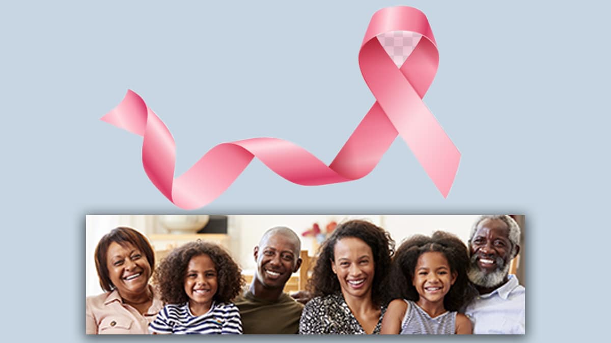 Image of a breast cancer ribbon and a multigenerational family.