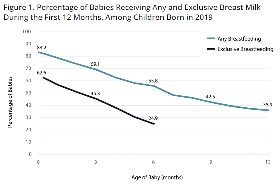 Graph representing data of the percentage of babies who received breast milk during first 12 months in 2019.