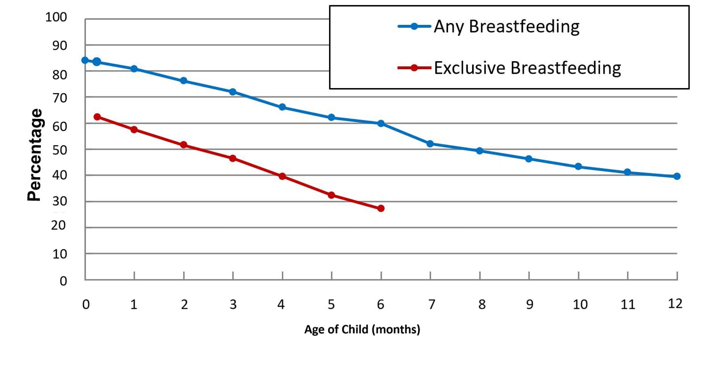 Data visualization of the rates of any exclusive breastfeeding by age among children in 2021.