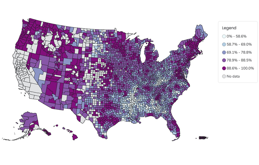 Map: Breastfeeding initiation rates by county