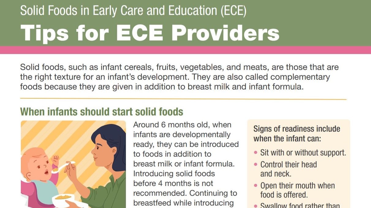 Top part of PDF that says Solid Foods in Early Care and Education (ECE): Tips for ECE Providers