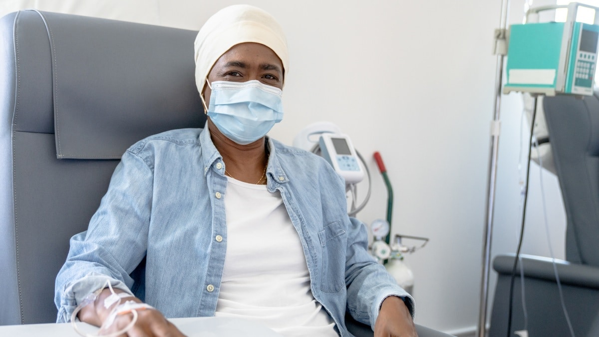 a woman receiving chemotherapy