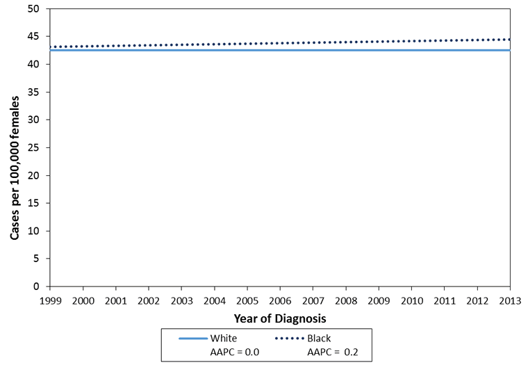 This chart illustrates trends in invasive female breast cancer incidence in the United States from 1999 to 2013 for women younger than 50 years by race and year of diagnosis.