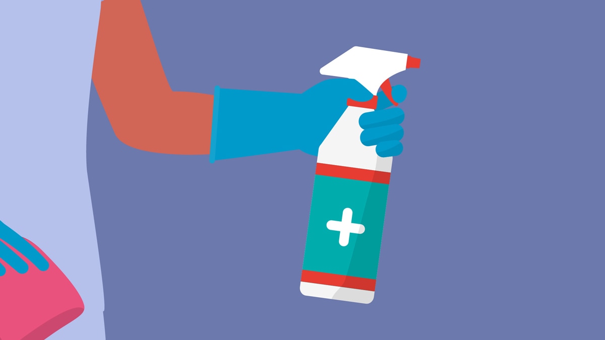 Illustration of a hospital worker holding a bottle of cleaning product