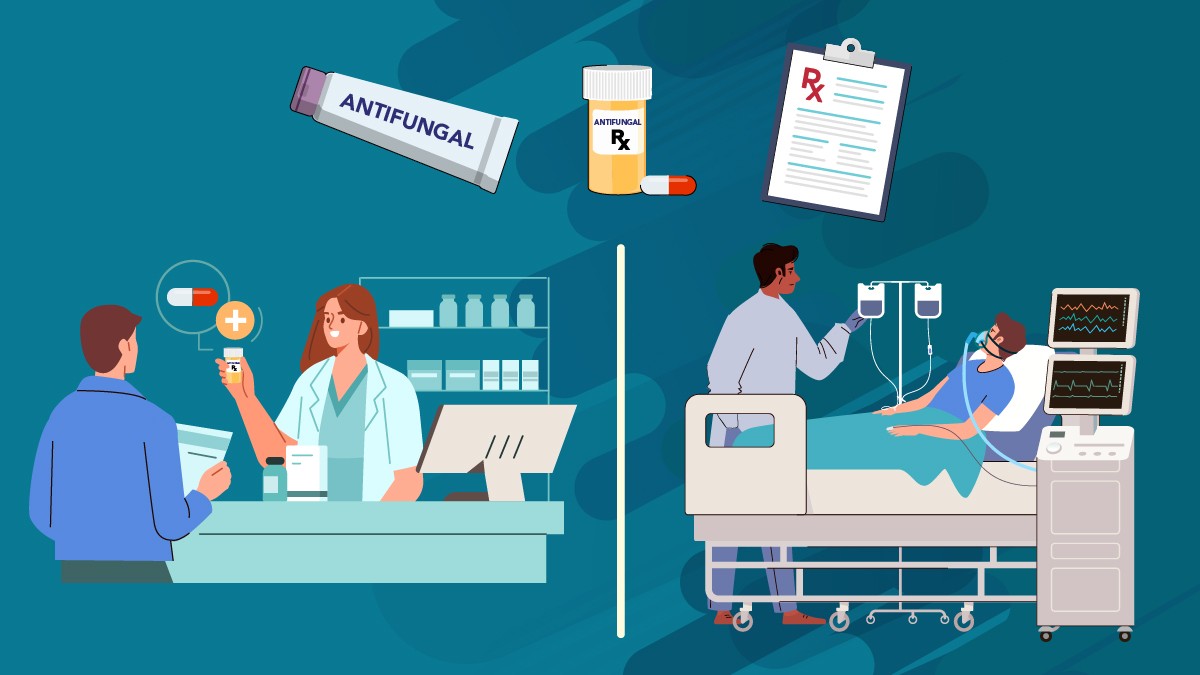split image of a pharmacist giving a patient medication on one side and a doctor adjusting IV medication for a patient on the right