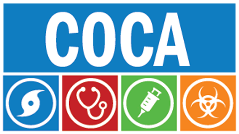 Banner for COCA calls showing the letters COCA on top with 4 icons below: tornado, stethoscope, vaccine, and radiation.