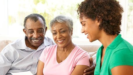 Two older peopleAn older man and woman sitting on a sofa with a younger woman caregiver. and a caregiver