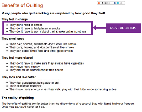 information-design-ex1.jpg Screenshot of a website called "Benefits of Quitting"