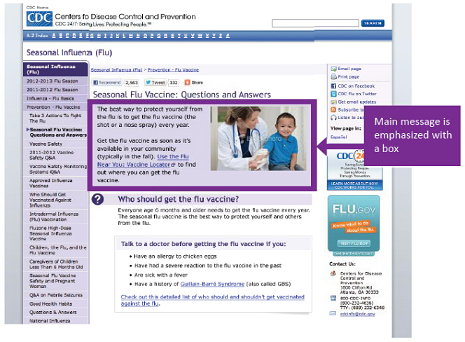 main-message-ex3.jpg Screenshot of seasonal Flu site with area highlighted to show the Main Message.