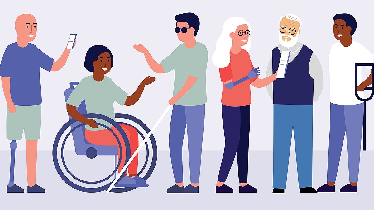 Illustration of multi-generational and diverse people with disabilities, including in a wheelchair, blind, amputee, etc.
