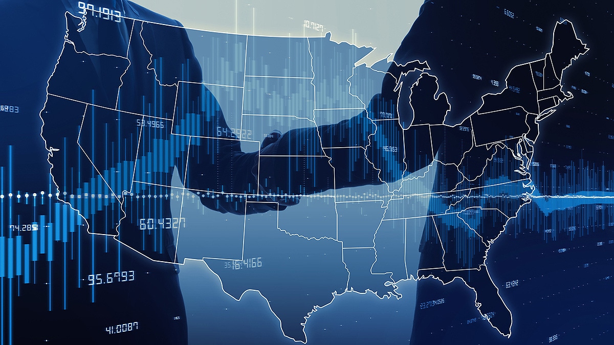 Helping, shaking hands superimposed with a U.S. map with data.