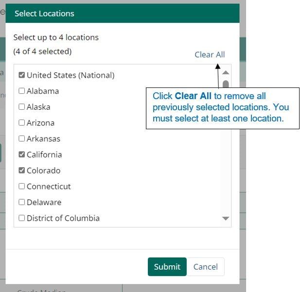 Add or remove locations from search criteria to compare locations. You can select up to four locations to compare.