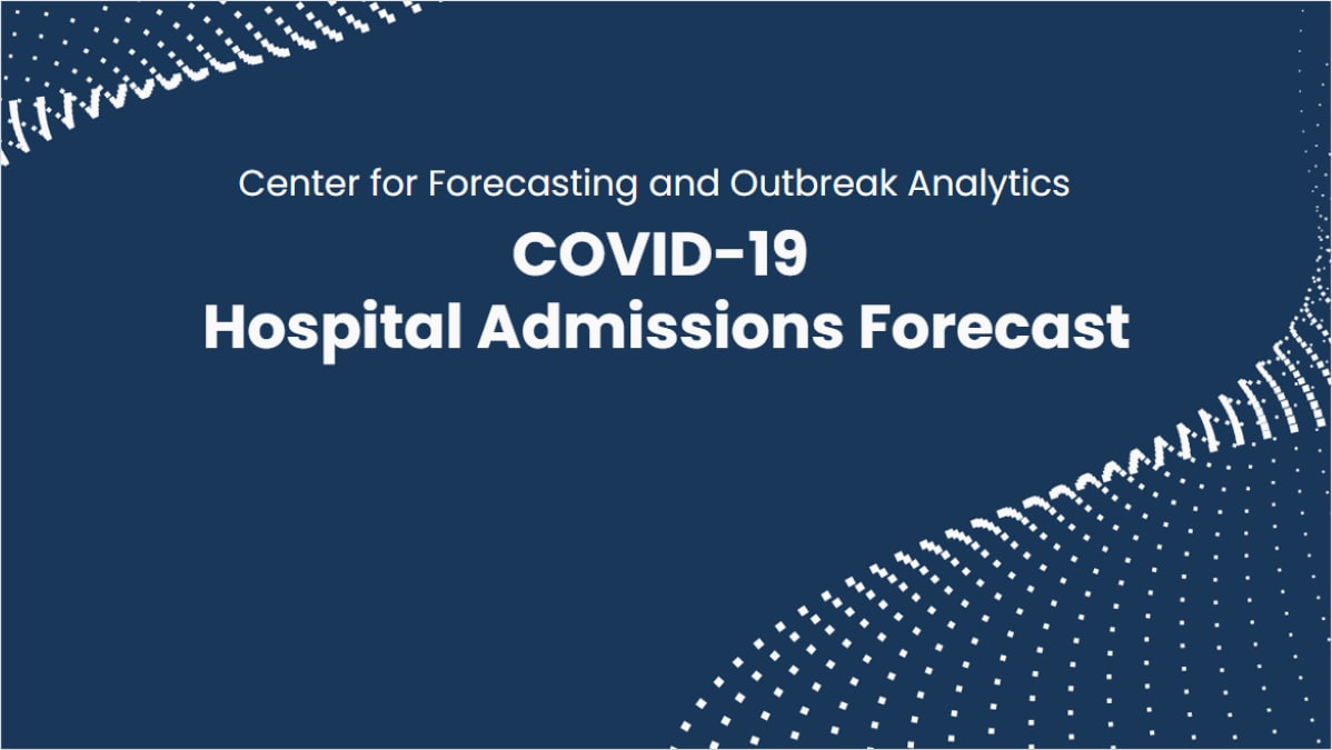 Blue background with white swirls and text: Center for Forecasting and Outbreak Analytics COVID-19 Hospital Admission Forecasts