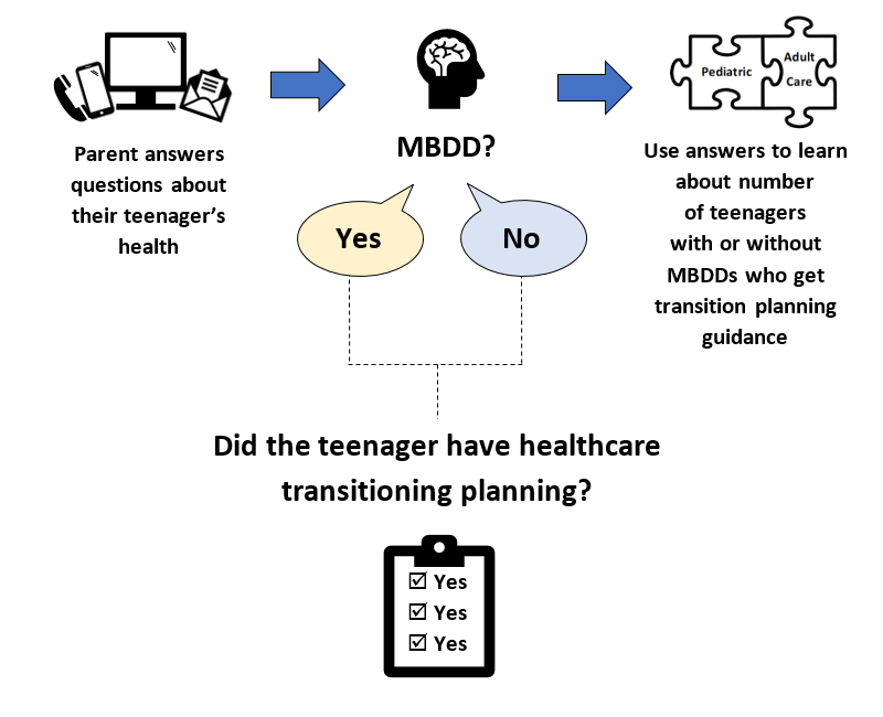 Illustration: Parent answers questions about their teenager’s health. Does the child have MBDD? Yes or No. Did the teenager have healthcare transitioning planning?  Use answers to learn about number of teenagers with or without MBDDs who get transition planning guidance.