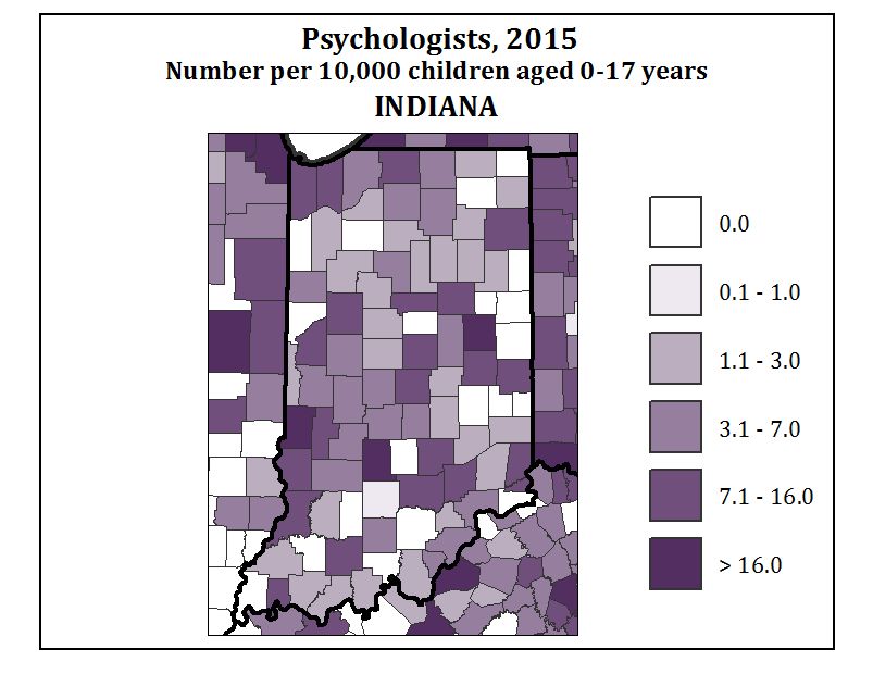 Psychologists, 2015 Number per 10,000 children aged 0-17 years