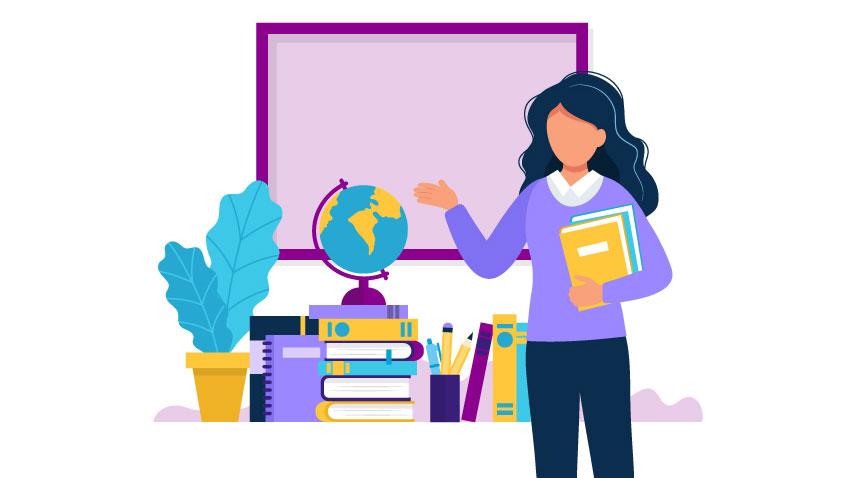 Teacher standing in front of a blackboard with a desk full of books, a globe and a plant.