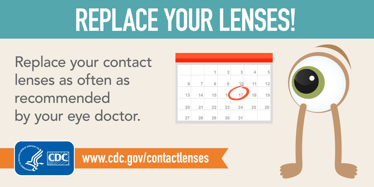 Replace Your Lenses! Replace your contact lenses as often as recommended by your eye doctor. Intended for Twitter.