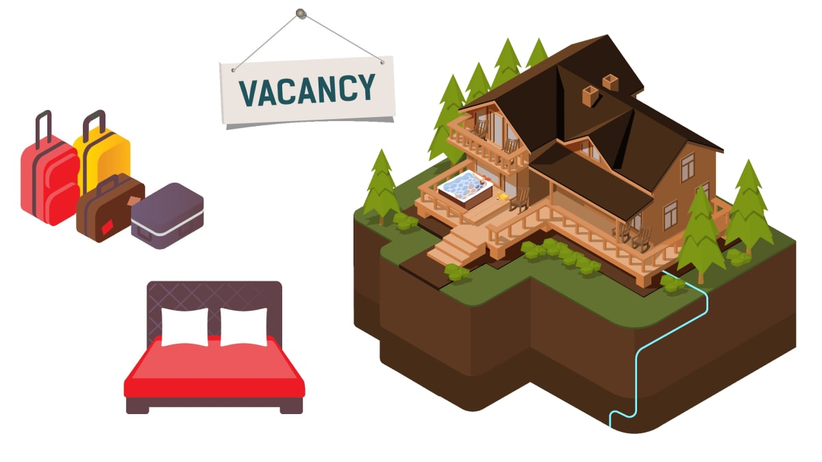 An illustration of a log cabin with a hot tub.