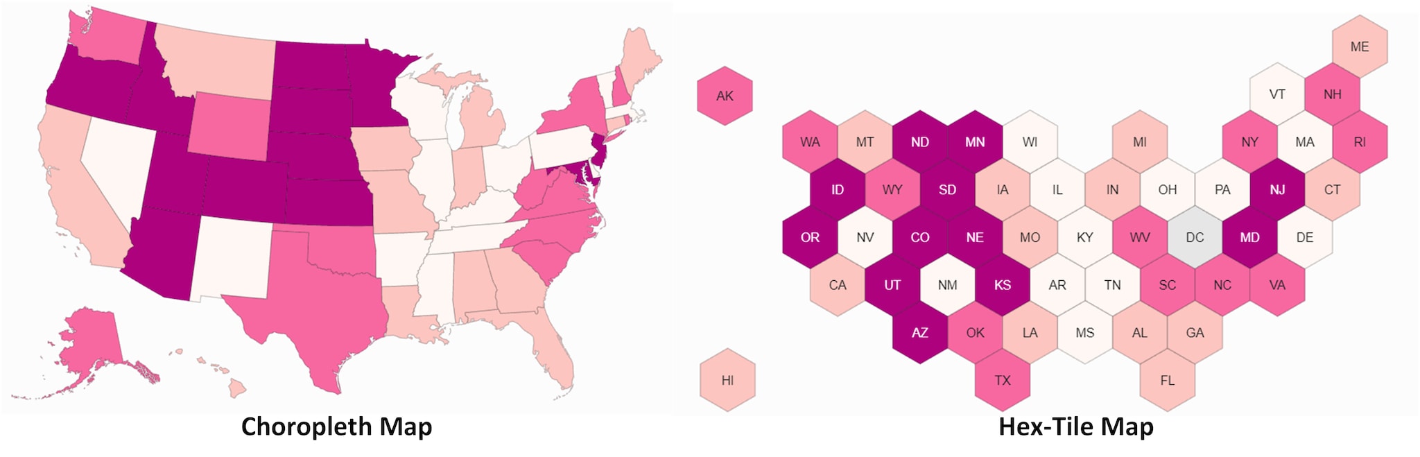 A visual comparison of a choropleth vs hex-tile map.