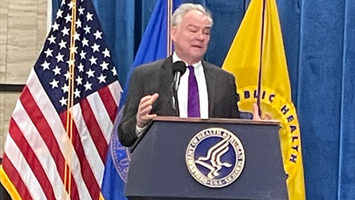 Senator Tim Kaine speaking about data modernization at 2023 Industry Days.