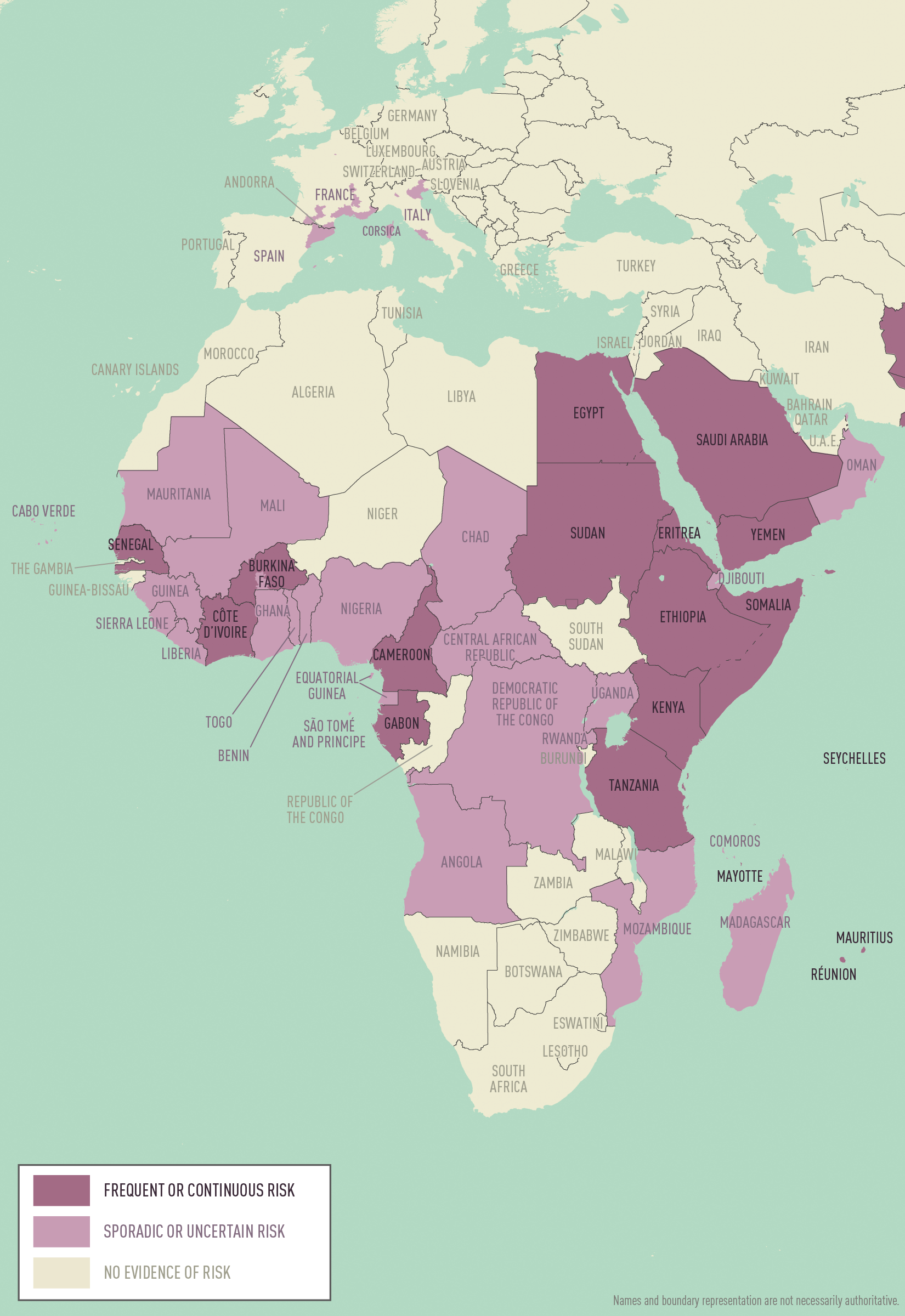 Map of Africa, Europe, and the Middle East displaying areas with dengue risk using various shades of purple.