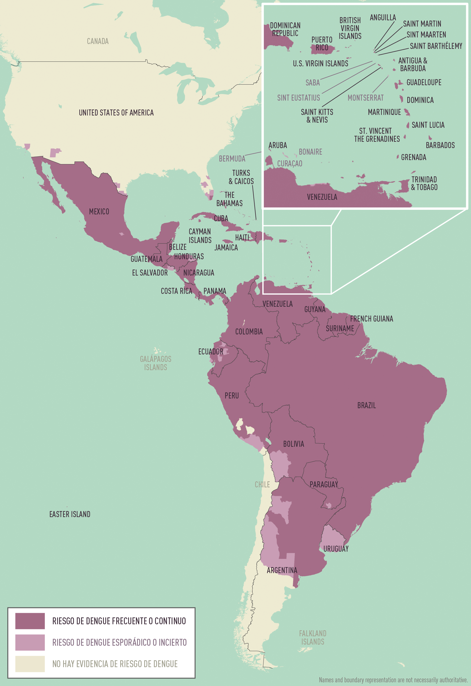 Un mapa regional de las Américas y el Caribe que demuestra el riesgo de dengue usando el color violeta en varios tonos.