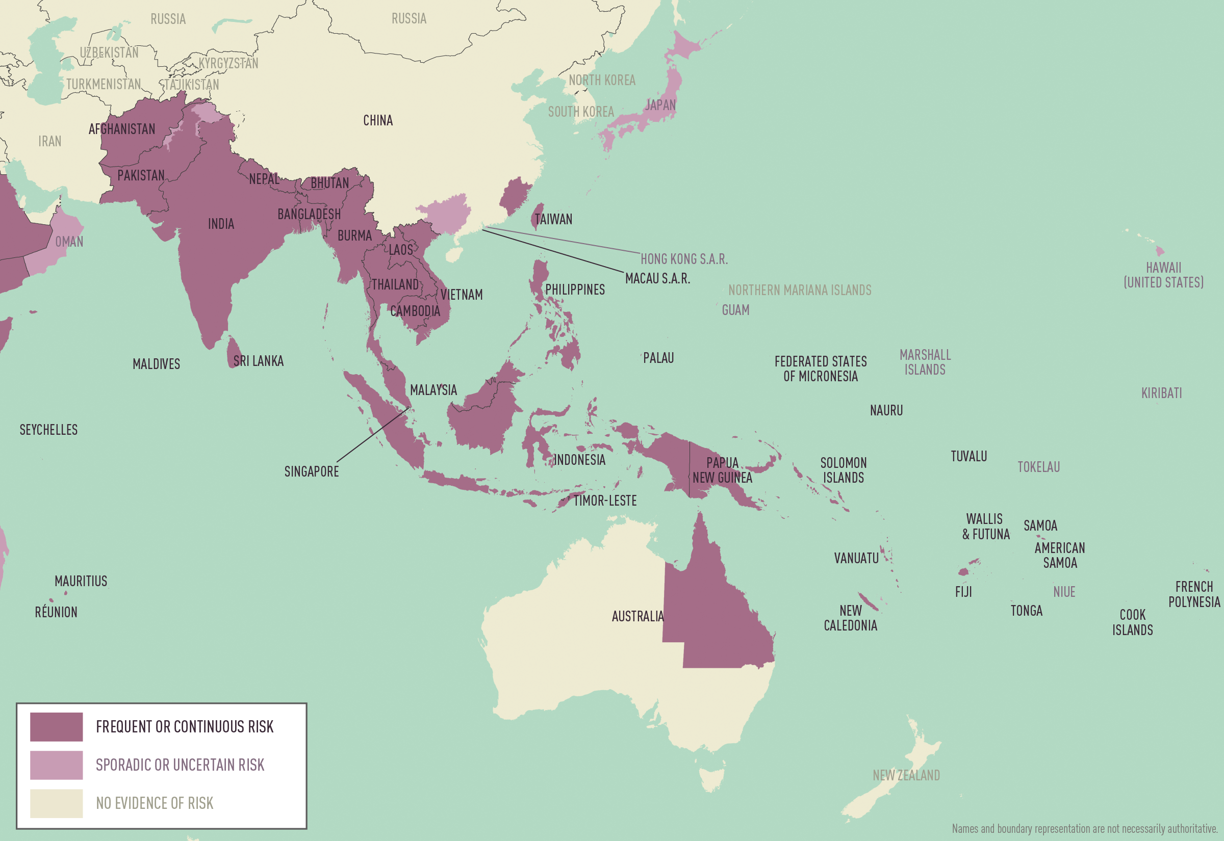 Map of Asia and Oceania displaying areas with dengue risk using various shades of purple.