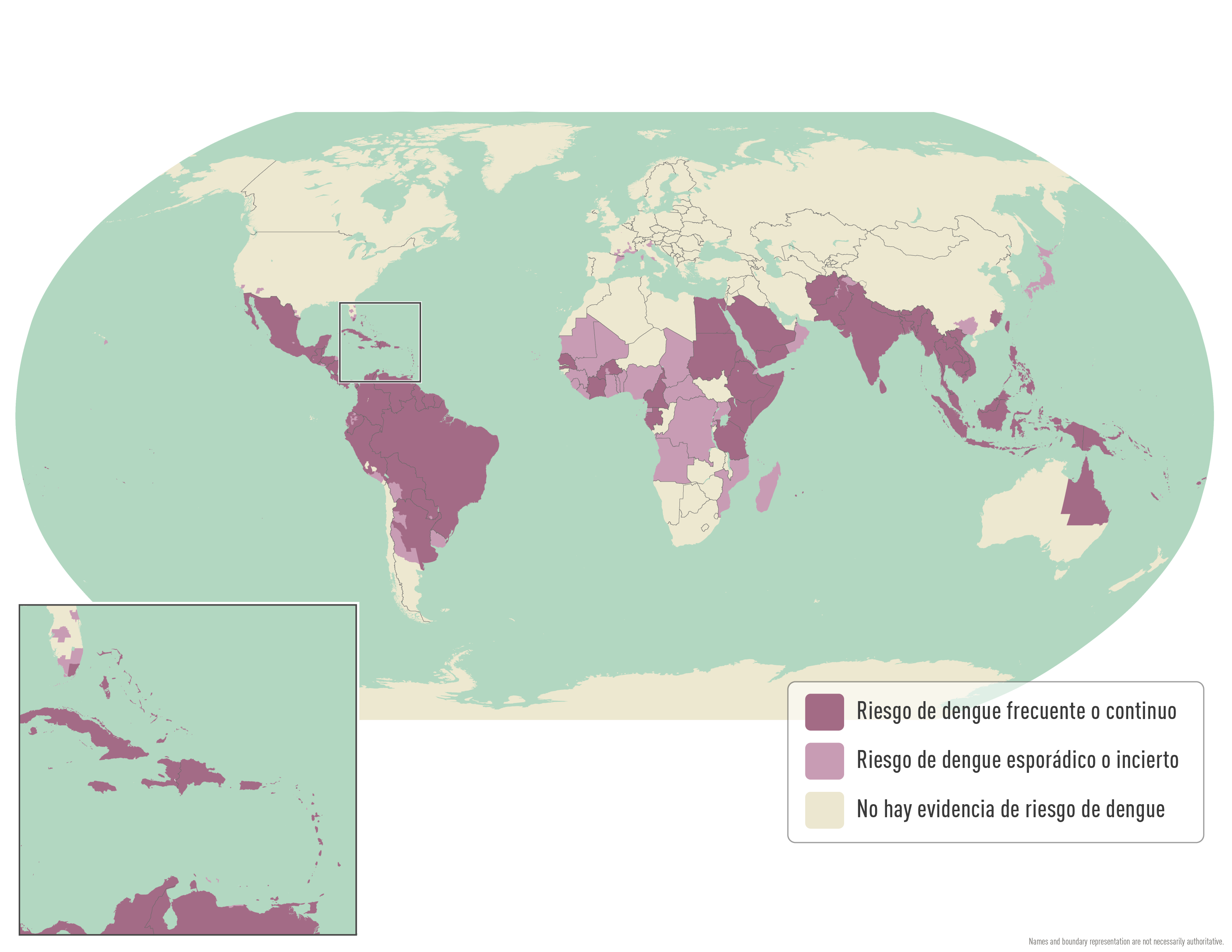 Un mapa del mundo que demuestra el riesgo de dengue usando varios tonos de violeta.
