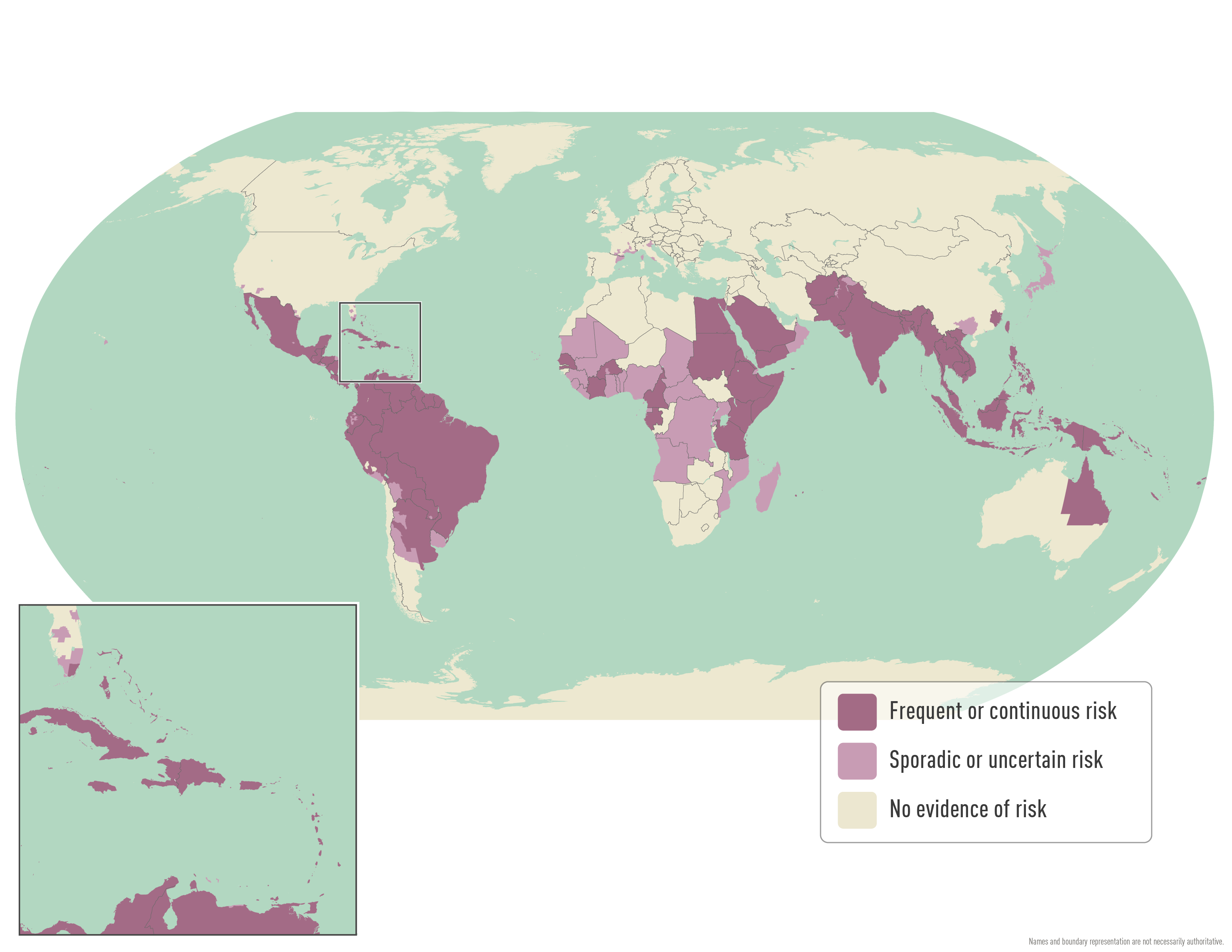 World map displaying areas with risk of dengue using various shades of purple.