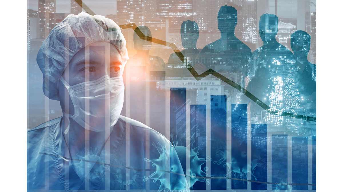 A graphic of a doctor superimposed with a graph and data visualization.