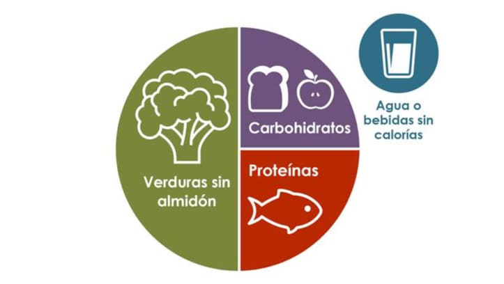 Imagen que muestra las porciones en un plato que contiene un 50 % de vegetales sin almidón, un 25 % de carbohidratos, un 25 % de proteínas y agua o una bebida sin calorías.