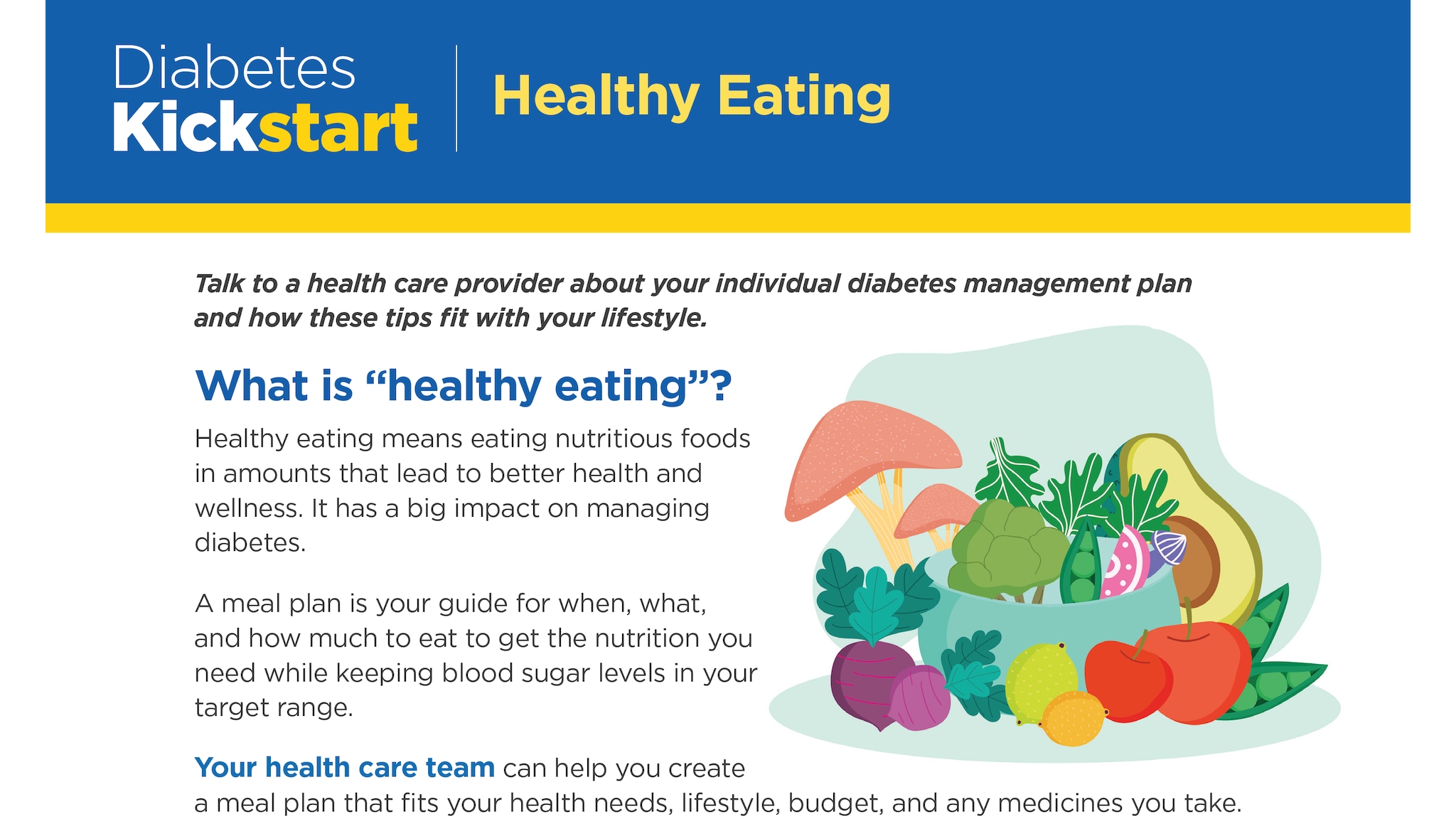 Initial look at the Kickstart healthy eating handout showing plate of colorful fruit and veggies.