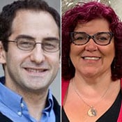 Headshots of Mr. Eisenberg (glasses, dark hair, blue shirt) and Ms. Rosenburg (magenta hair, glasses, black and red top)