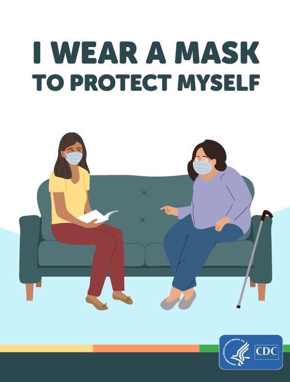 I wear a mask to protect myself. Two women sitting on a couch wearing masks.