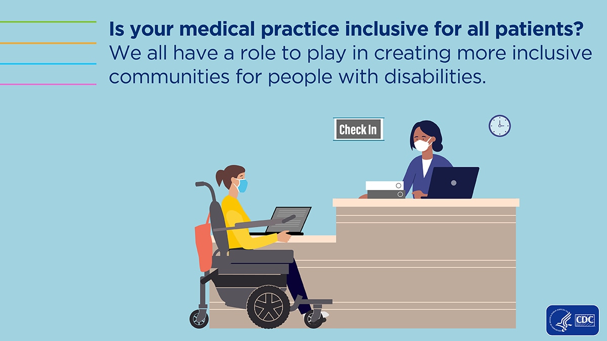 Patient in wheelchair checking in at a medical reception desk.