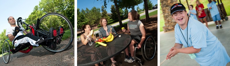 Collage: A man on a handcycle, women talking at an outdoor table, and a boy smiling in a park.