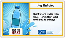 Info graphic that says beat the heat and shows a drawing of a water bottle
