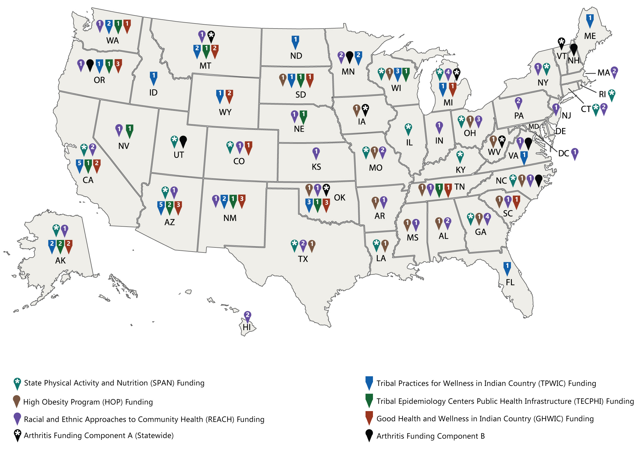 U.S. map showing locations of programs that receive SPAN, HOP, REACH, Arthritis, and Healthy Tribes funding.