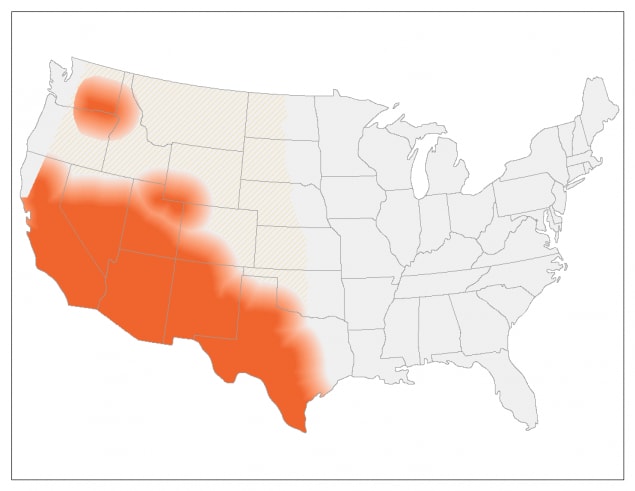 Map showing the approximate areas where the fungus that causes Valley fever is known to live or suspected to live. Image updated February 2020.