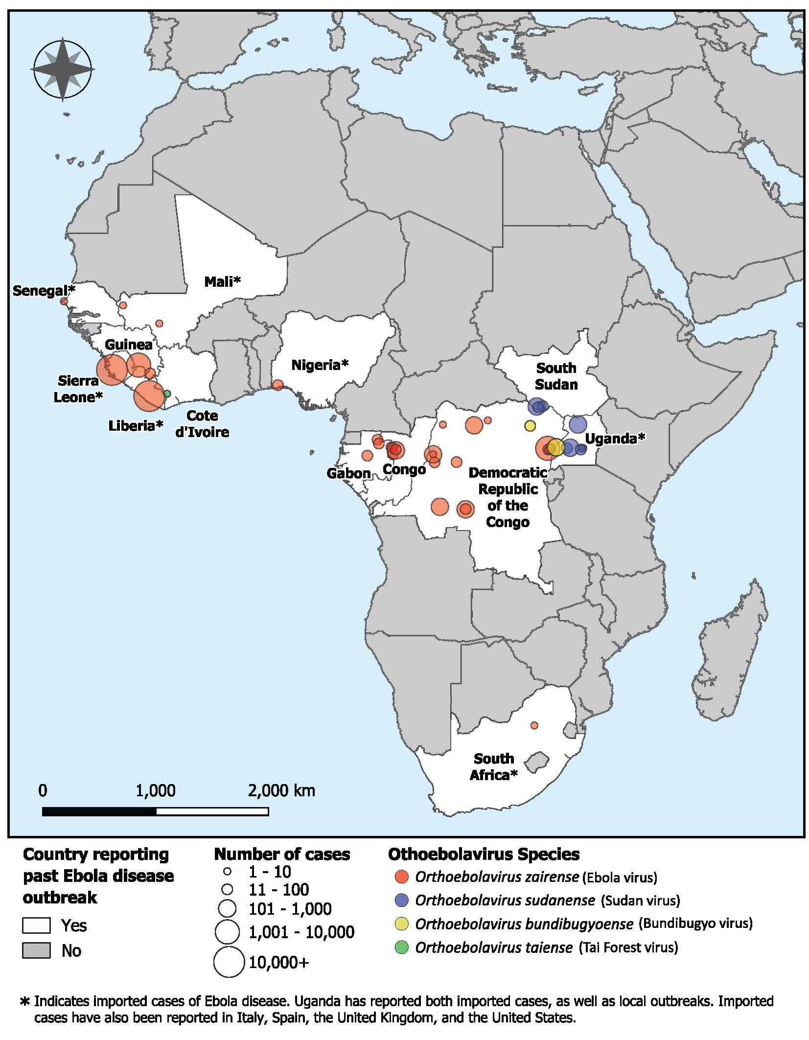 Map showing where Ebola outbreaks have occurred in Africa
