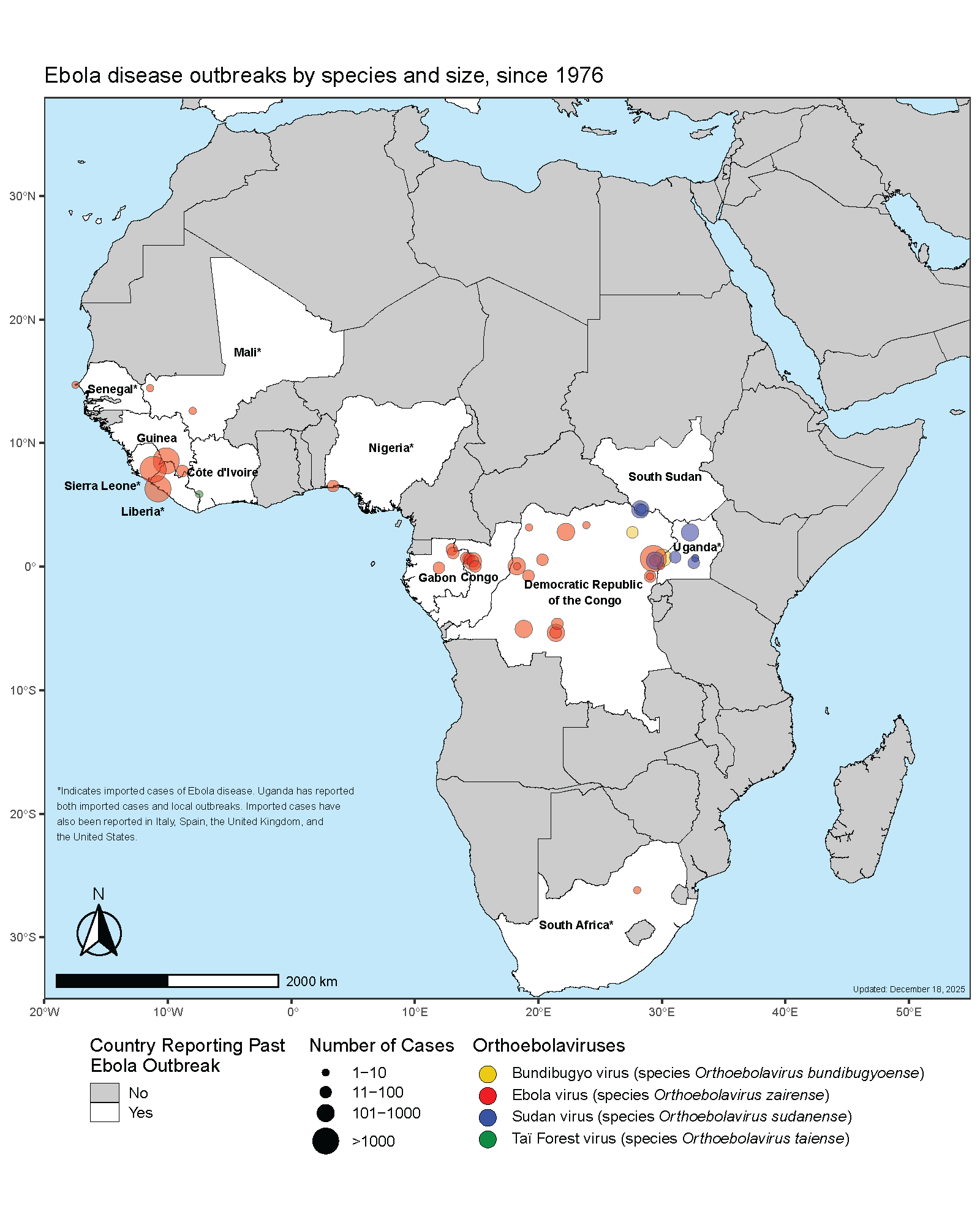 A map of Africa showing all known Ebola outbreaks