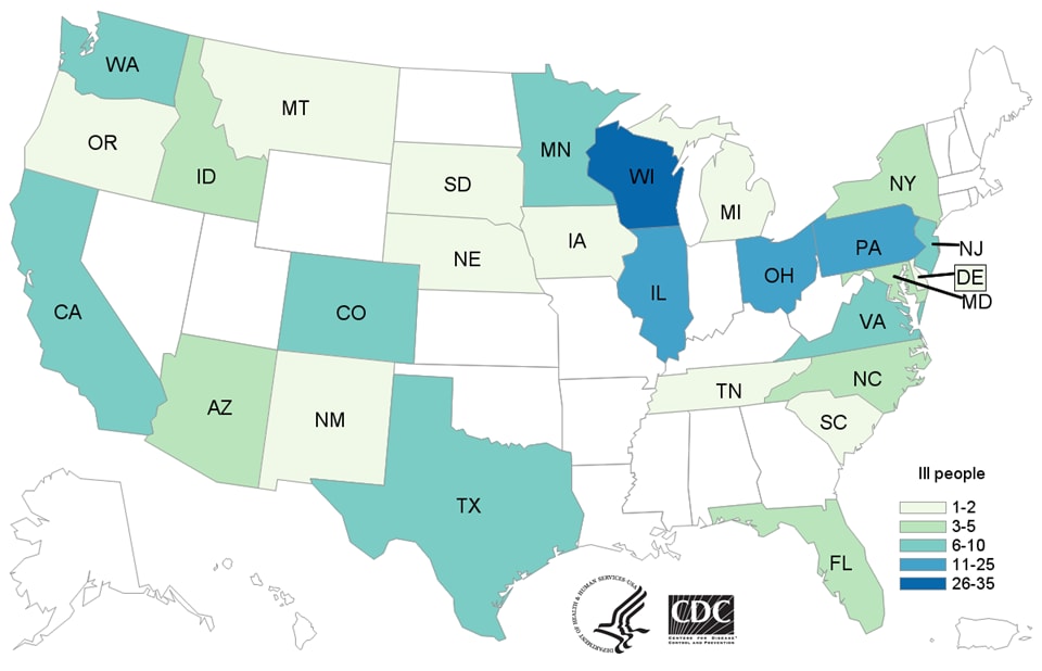 Map of Reported Cases E.coli Infections November 2019 E. coli CDC