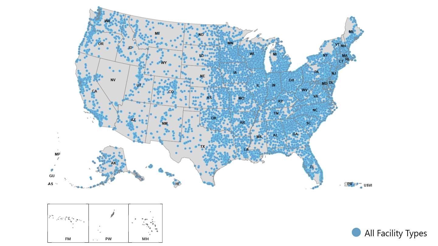 Map of US eCR facilities shows thousands nationwide with facilities in every state and 3 US territories