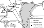 Thumbnail of Geographic distribution of cases of human monkeypox virus infection in Unity State, Sudan, 2005. Inset shows location of Sudan (gray shading) and area of consideration within Unity State (white box).