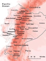 Thumbnail of Ecuador showing elevation (red shading), provinces (thin gray lines and boldface), country border (thick gray line), and 15 cities/valleys (black dots). Approximate location of the historic railway between Guayaquil and Alausí is indicated by black railroad tracks, and increasing altitude is indicated by darker shades of red. Map was constructed by using ArcGIS version 10 (ESRI, Redlands, CA, USA).