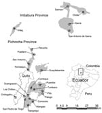 Thumbnail of Probable extent of highland valley malaria incidence (shaded areas) during the early 1940s in Ecuador. Stars indicate approximate location of original towns to which malaria was reported as endemic, judged by the presence of the historical town square in Google Earth satellite imagery (Google, 2010). Shading was determined by the valley bottom with an affected town up to an altitude of 2,500 m. Inset: Approximate location of region in Ecuador. Data were obtained from Levi Castillo (