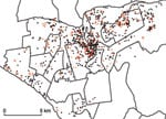 Thumbnail of Spatial distribution of drug-sensitive (black triangles) and drug-resistant (red triangles) tuberculosis among patients who received drug susceptibility testing, Lima Ciudad and Lima Este, Peru, 2005–2007. A small random error was added to the spatial coordinates for each patient to protect confidentiality.